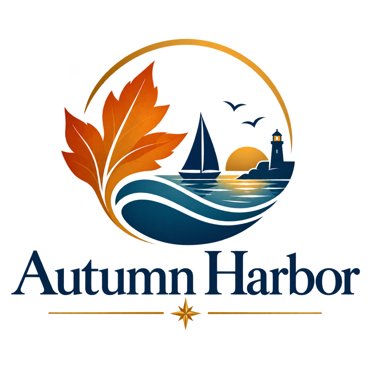 Autumn Harbor — autumn leaf, sailboat and lighthouse